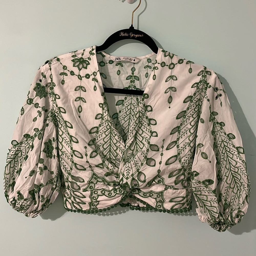 Zara White and Green Blouse